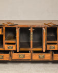 Late Qing Dynasty Elm Sideboard with Carved Floral Vases, Doors and Drawers
