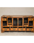 Late Qing Dynasty Elm Sideboard with Carved Floral Vases, Doors and Drawers