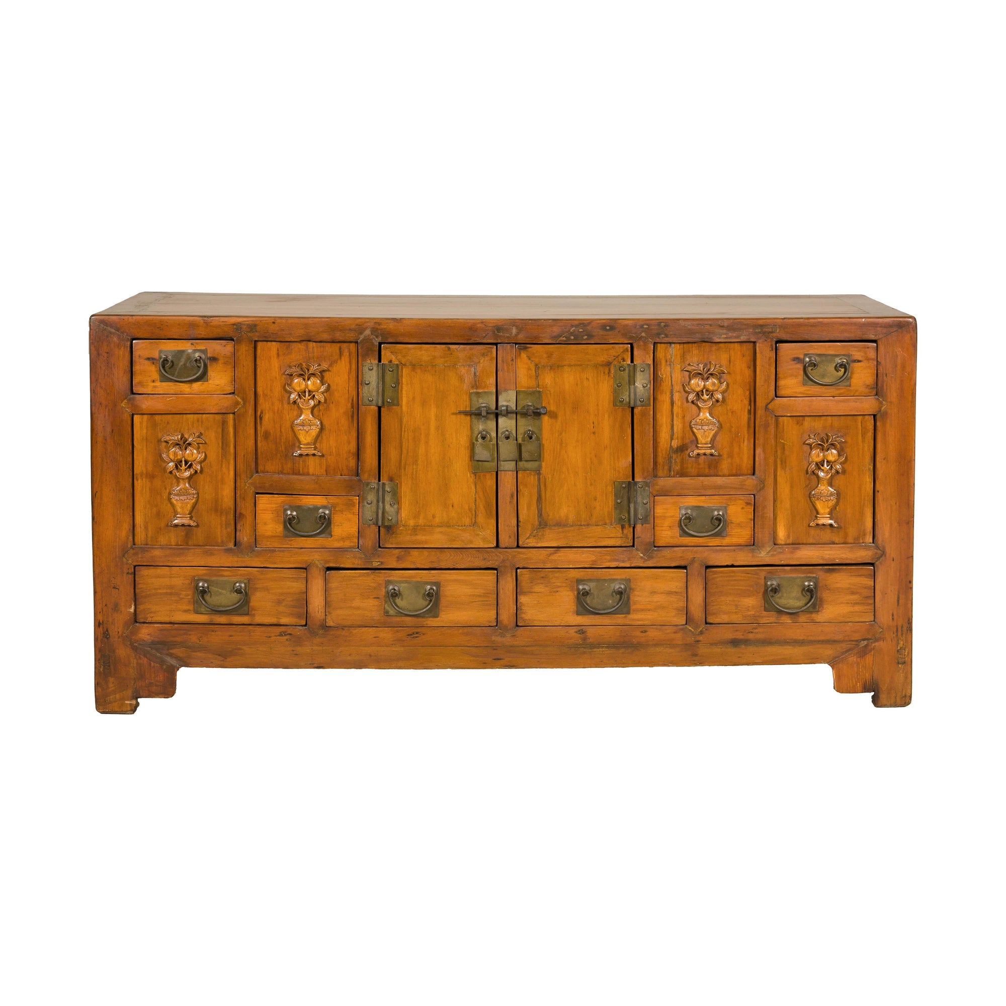 Late Qing Dynasty Elm Sideboard with Carved Floral Vases, Doors and Drawers