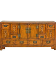 Late Qing Dynasty Elm Sideboard with Carved Floral Vases, Doors and Drawers