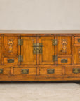 Late Qing Dynasty Elm Sideboard with Carved Floral Vases, Doors and Drawers