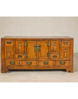Late Qing Dynasty Elm Sideboard with Carved Floral Vases, Doors and Drawers