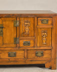 Late Qing Dynasty Elm Sideboard with Carved Floral Vases, Doors and Drawers