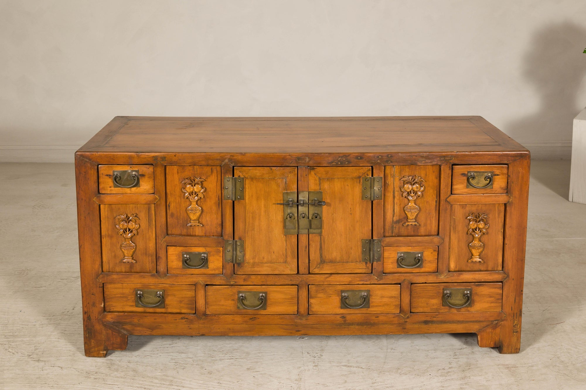 Late Qing Dynasty Elm Sideboard with Carved Floral Vases, Doors and Drawers