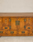 Late Qing Dynasty Elm Sideboard with Carved Floral Vases, Doors and Drawers