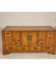Late Qing Dynasty Elm Sideboard with Carved Floral Vases, Doors and Drawers