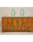 Late Qing Dynasty Elm Sideboard with Carved Floral Vases, Doors and Drawers