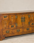Late Qing Dynasty Elm Sideboard with Carved Floral Vases, Doors and Drawers