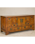 Late Qing Dynasty Elm Sideboard with Carved Floral Vases, Doors and Drawers
