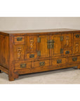 Late Qing Dynasty Elm Sideboard with Carved Floral Vases, Doors and Drawers