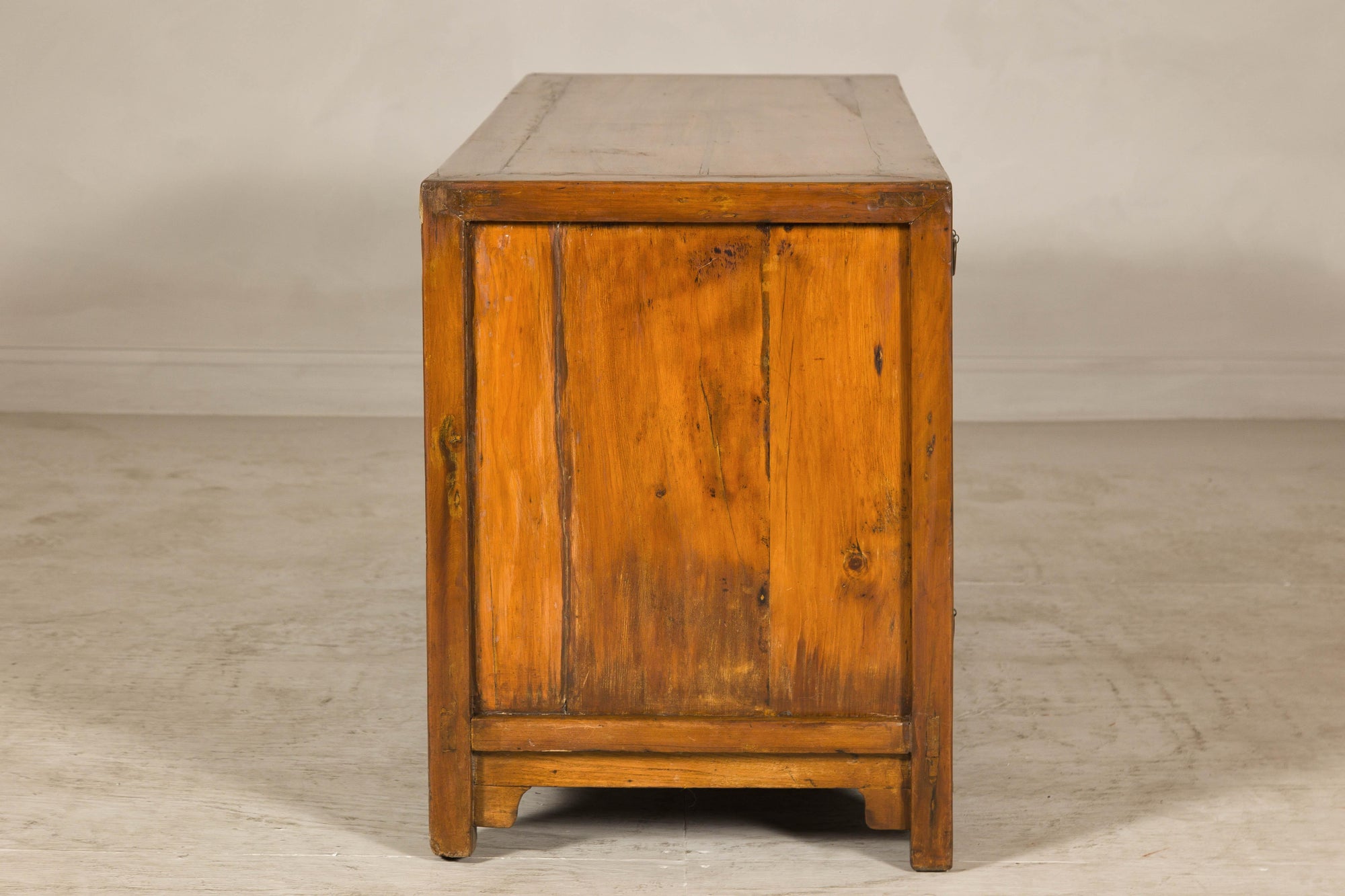 Late Qing Dynasty Elm Sideboard with Carved Floral Vases, Doors and Drawers