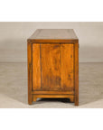 Late Qing Dynasty Elm Sideboard with Carved Floral Vases, Doors and Drawers