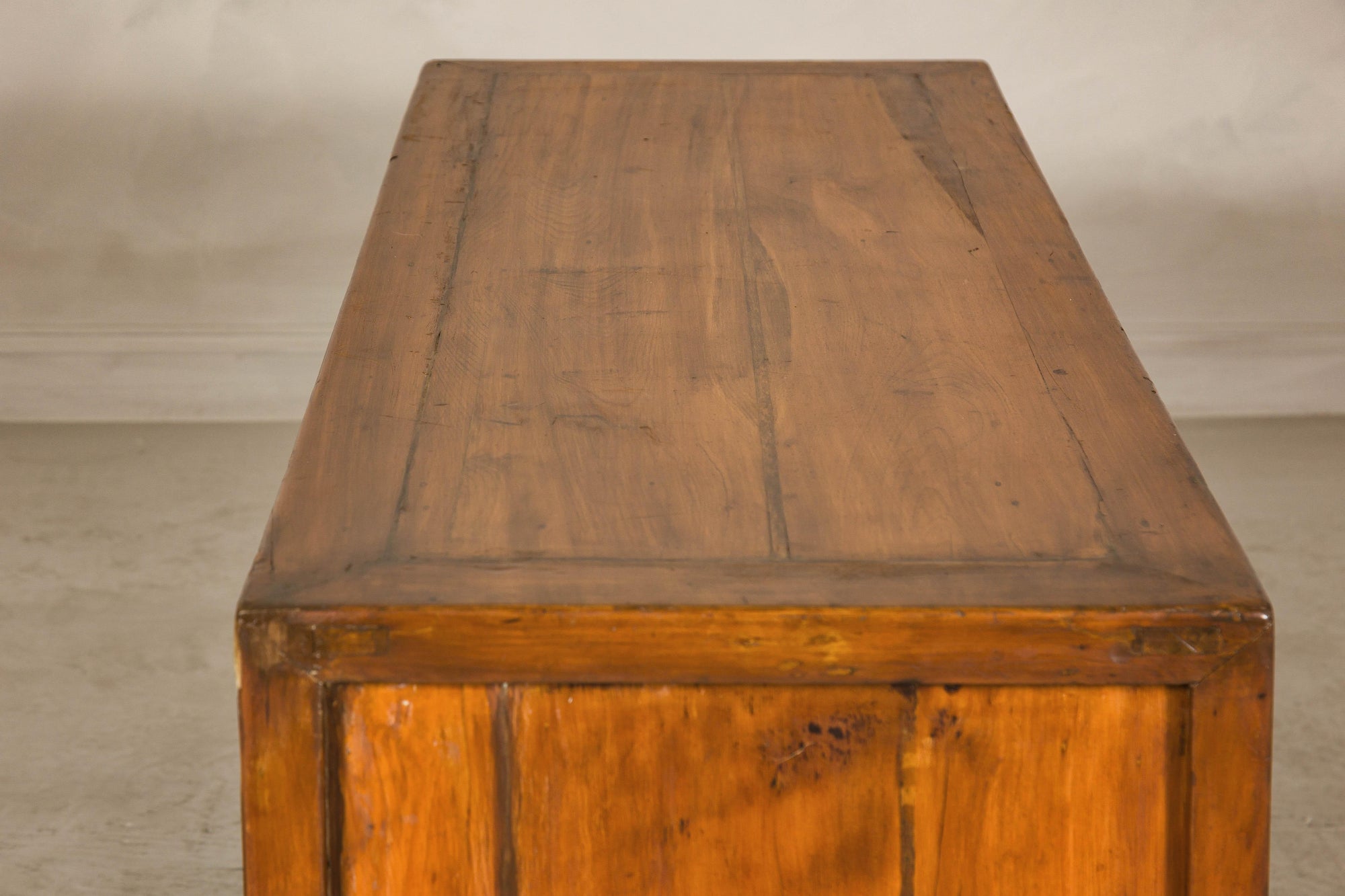 Late Qing Dynasty Elm Sideboard with Carved Floral Vases, Doors and Drawers