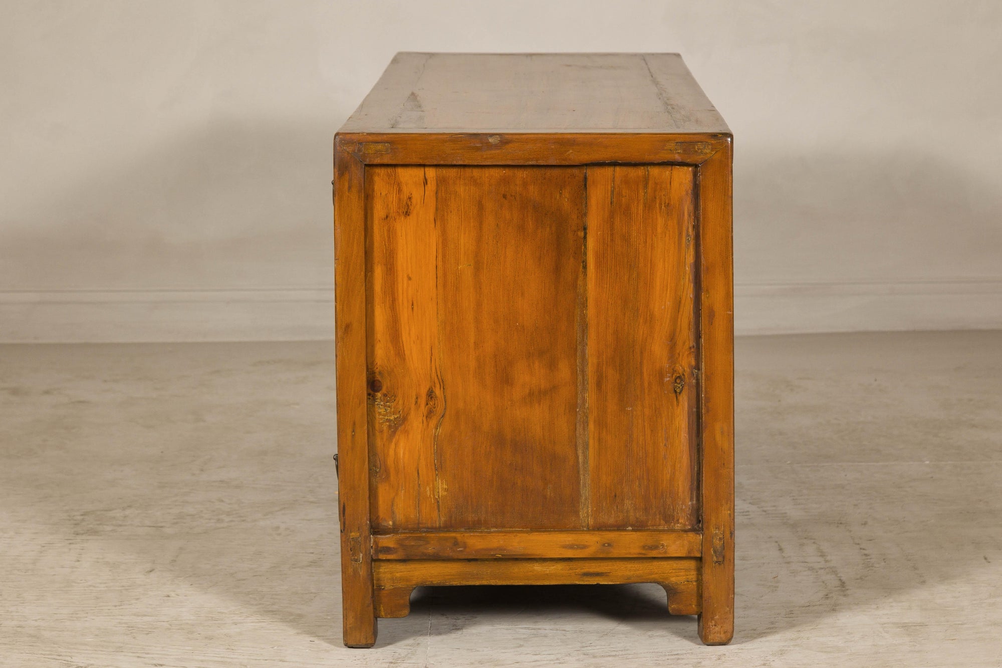 Late Qing Dynasty Elm Sideboard with Carved Floral Vases, Doors and Drawers