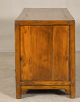 Late Qing Dynasty Elm Sideboard with Carved Floral Vases, Doors and Drawers