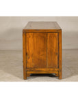 Late Qing Dynasty Elm Sideboard with Carved Floral Vases, Doors and Drawers