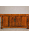 Qing Dynasty Elm Sideboard in Honey Lacquer with Four Doors and Brass Hardware