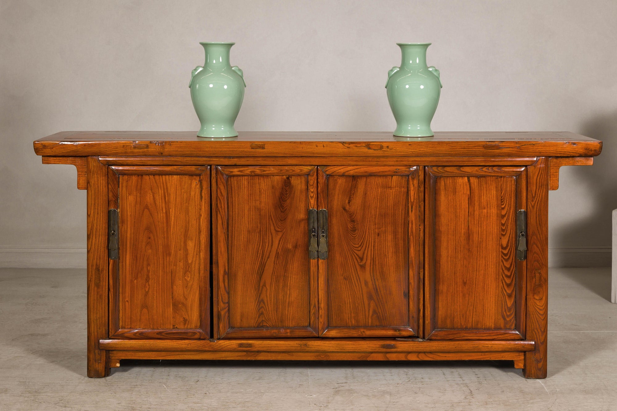 Qing Dynasty Elm Sideboard in Honey Lacquer with Four Doors and Brass Hardware
