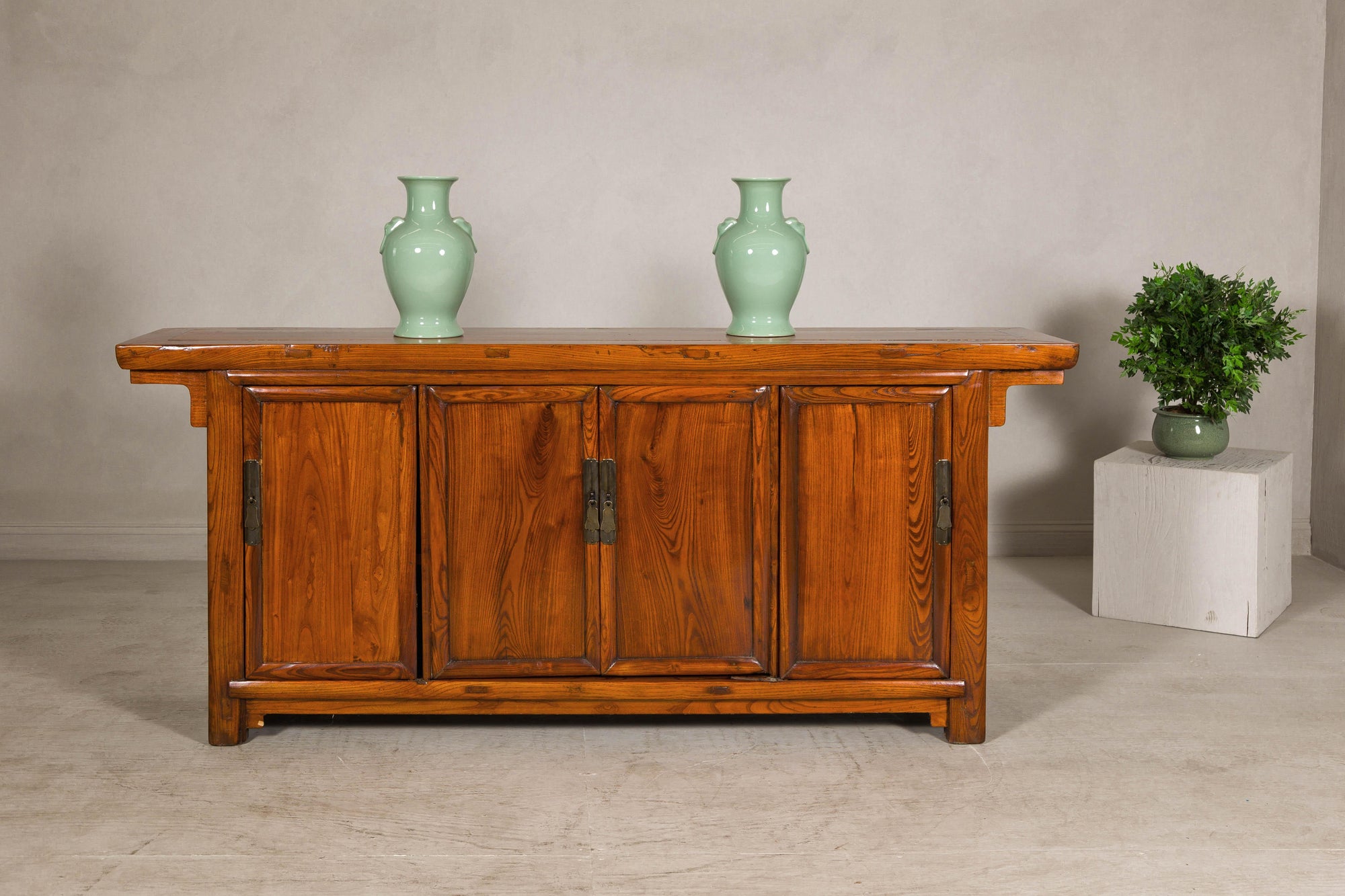 Qing Dynasty Elm Sideboard in Honey Lacquer with Four Doors and Brass Hardware