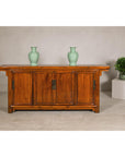 Qing Dynasty Elm Sideboard in Honey Lacquer with Four Doors and Brass Hardware
