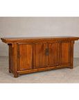 Qing Dynasty Elm Sideboard in Honey Lacquer with Four Doors and Brass Hardware