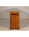 Qing Dynasty Elm Sideboard in Honey Lacquer with Four Doors and Brass Hardware