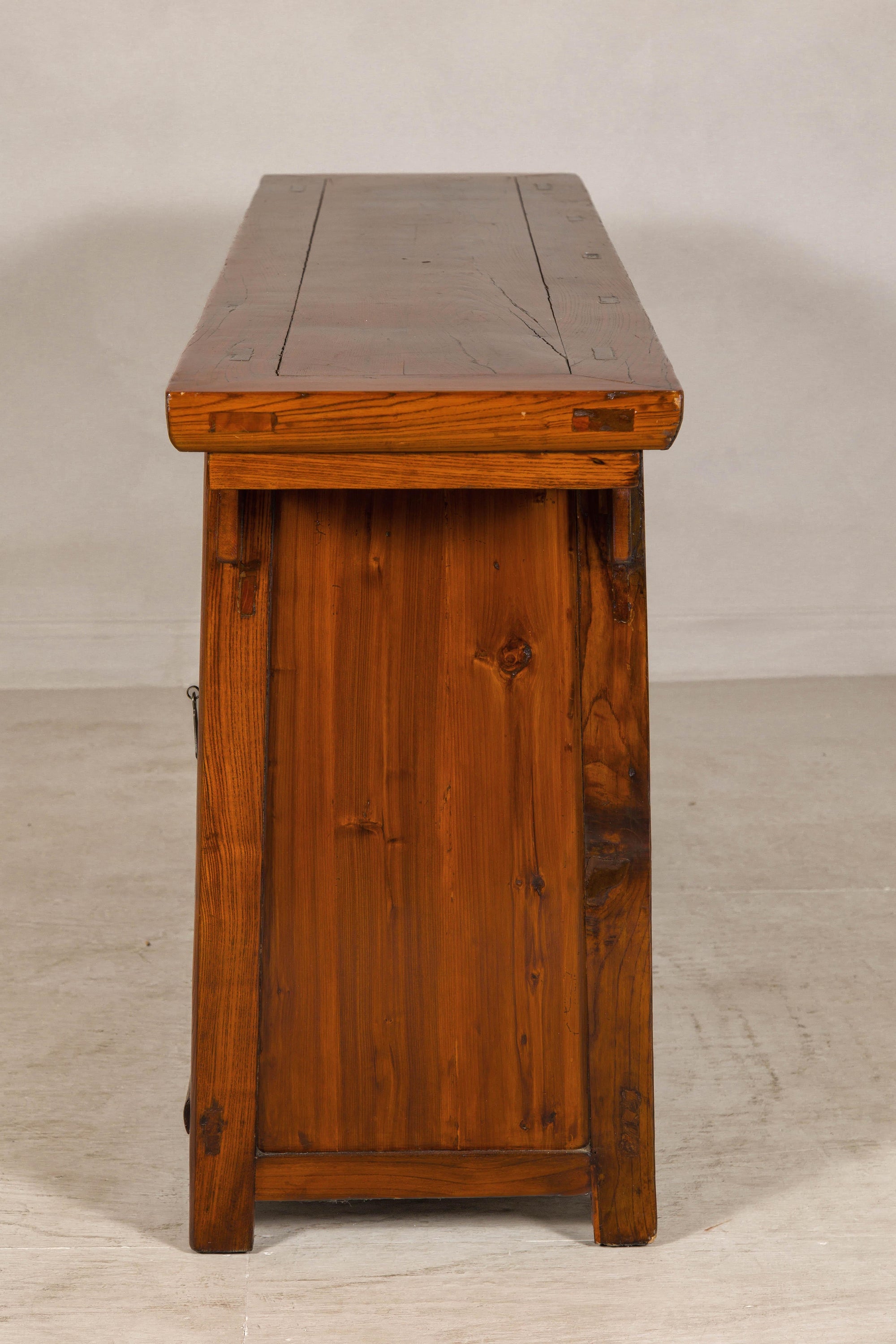 Qing Dynasty Elm Sideboard in Honey Lacquer with Four Doors and Brass Hardware
