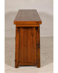 Qing Dynasty Elm Sideboard in Honey Lacquer with Four Doors and Brass Hardware