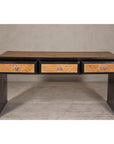 Rattan over Wood Waterfall Desk with Black Lacquer Finish and Three Drawers