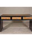 Rattan over Wood Waterfall Desk with Black Lacquer Finish and Three Drawers
