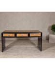 Rattan over Wood Waterfall Desk with Black Lacquer Finish and Three Drawers