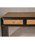Rattan over Wood Waterfall Desk with Black Lacquer Finish and Three Drawers