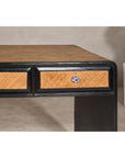 Rattan over Wood Waterfall Desk with Black Lacquer Finish and Three Drawers
