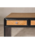 Rattan over Wood Waterfall Desk with Black Lacquer Finish and Three Drawers