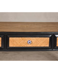 Rattan over Wood Waterfall Desk with Black Lacquer Finish and Three Drawers