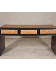 Rattan over Wood Waterfall Desk with Black Lacquer Finish and Three Drawers