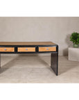 Rattan over Wood Waterfall Desk with Black Lacquer Finish and Three Drawers