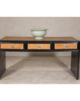 Rattan over Wood Waterfall Desk with Black Lacquer Finish and Three Drawers