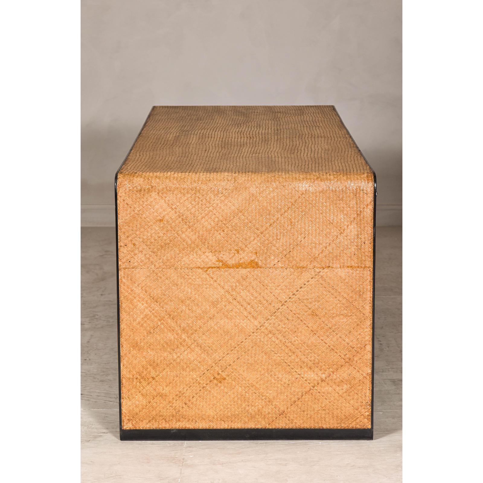 Rattan over Wood Waterfall Desk with Black Lacquer Finish and Three Drawers