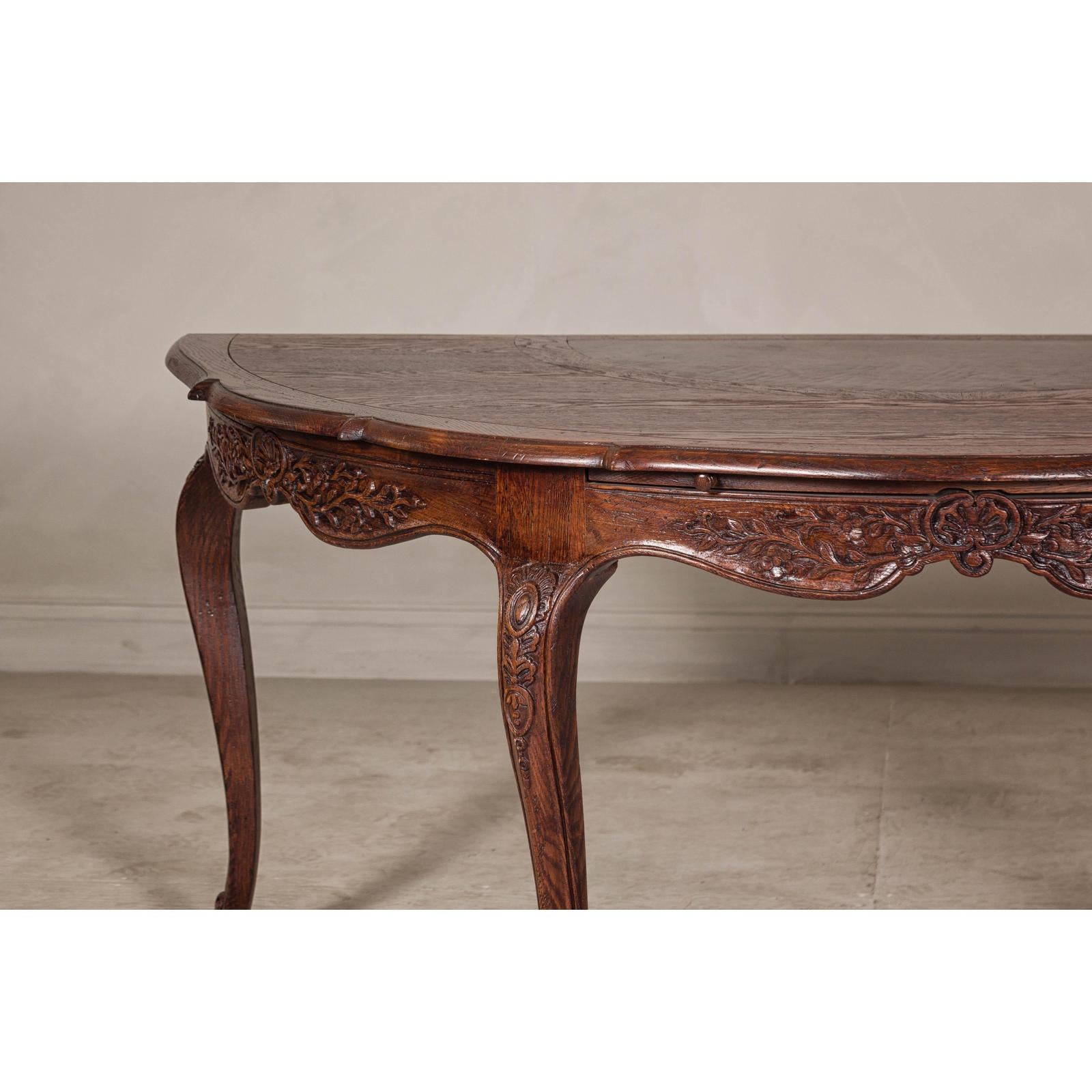 Louis XV-Style Demi-Lune Desk with Carved Legs, Leather Top and Hidden Drawers