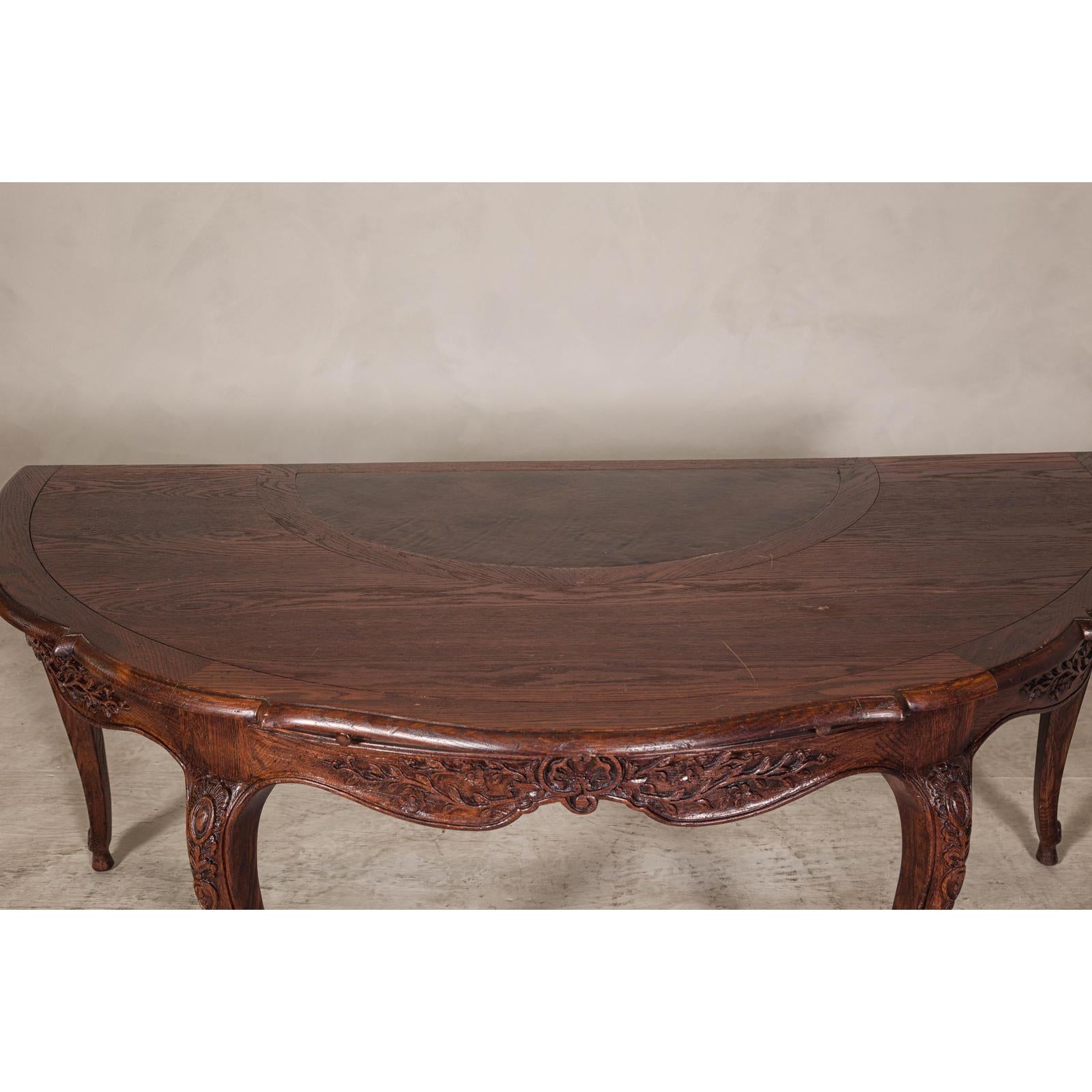 Louis XV-Style Demi-Lune Desk with Carved Legs, Leather Top and Hidden Drawers