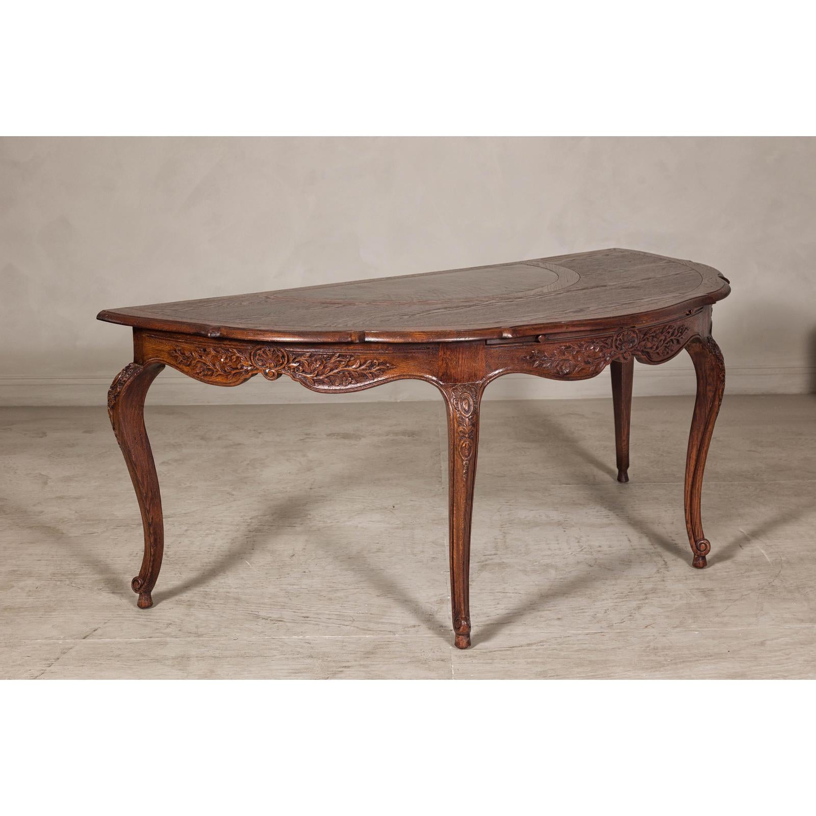 Louis XV-Style Demi-Lune Desk with Carved Legs, Leather Top and Hidden Drawers