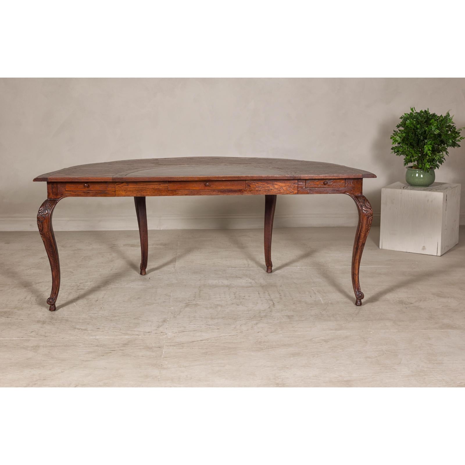 Louis XV-Style Demi-Lune Desk with Carved Legs, Leather Top and Hidden Drawers