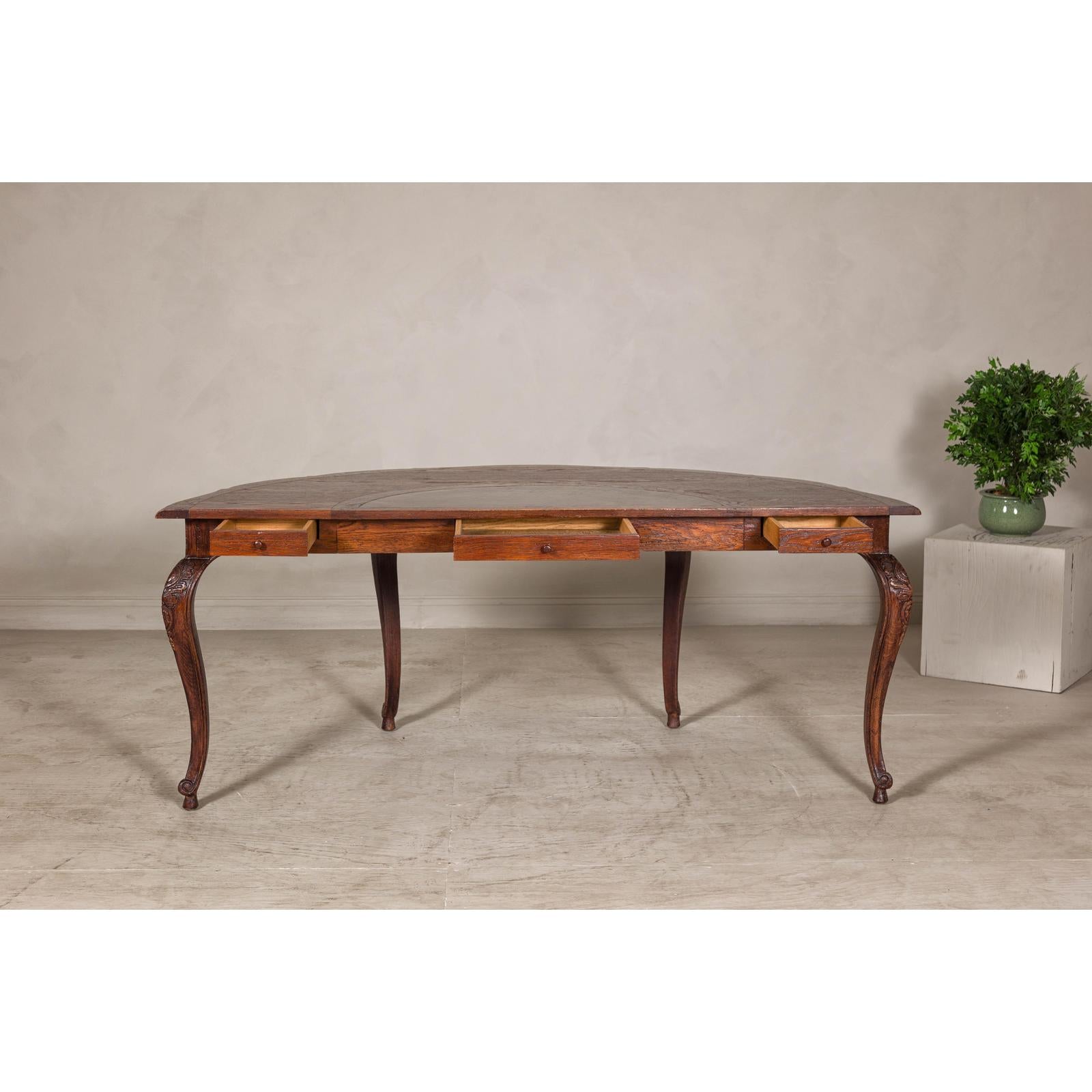 Louis XV-Style Demi-Lune Desk with Carved Legs, Leather Top and Hidden Drawers