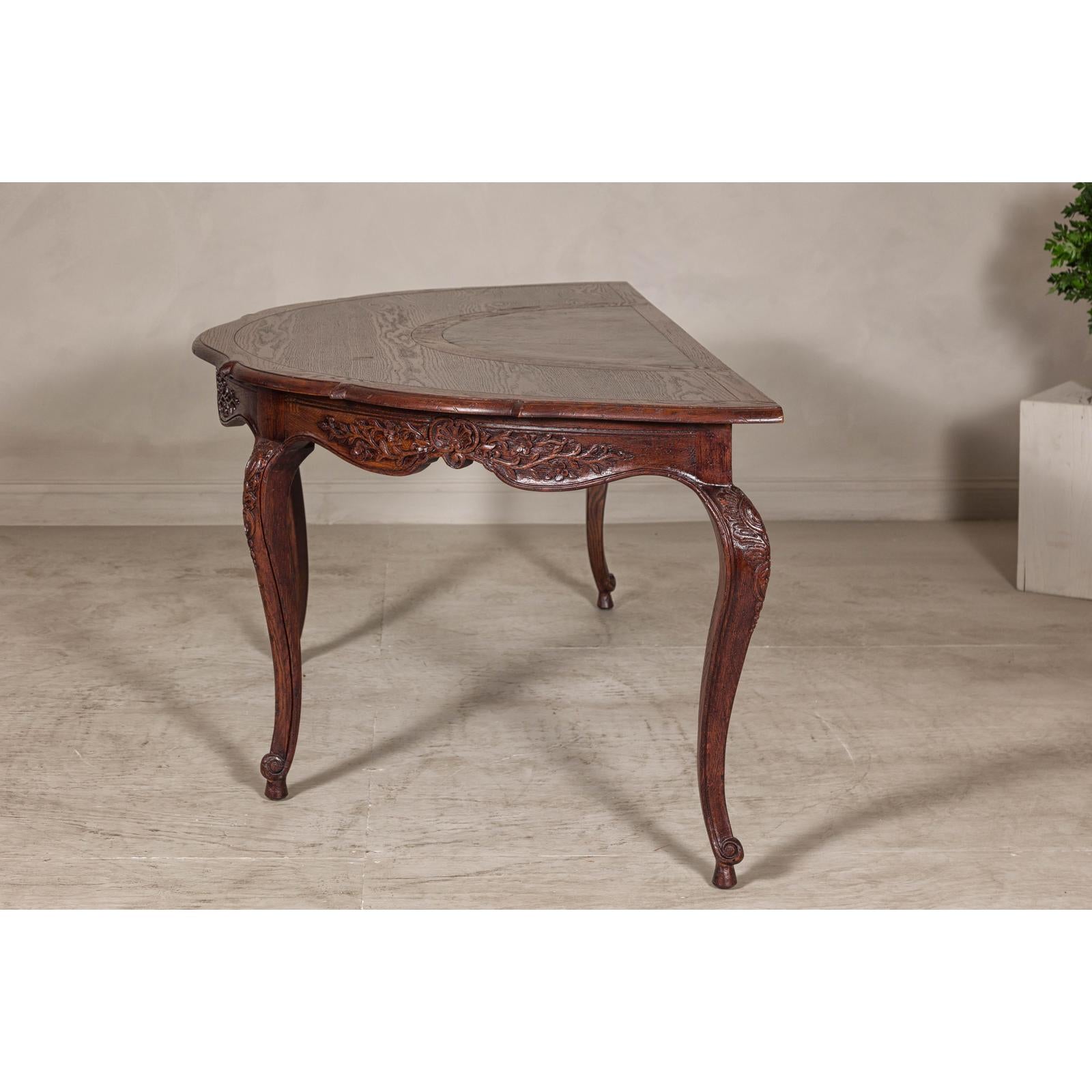 Louis XV-Style Demi-Lune Desk with Carved Legs, Leather Top and Hidden Drawers