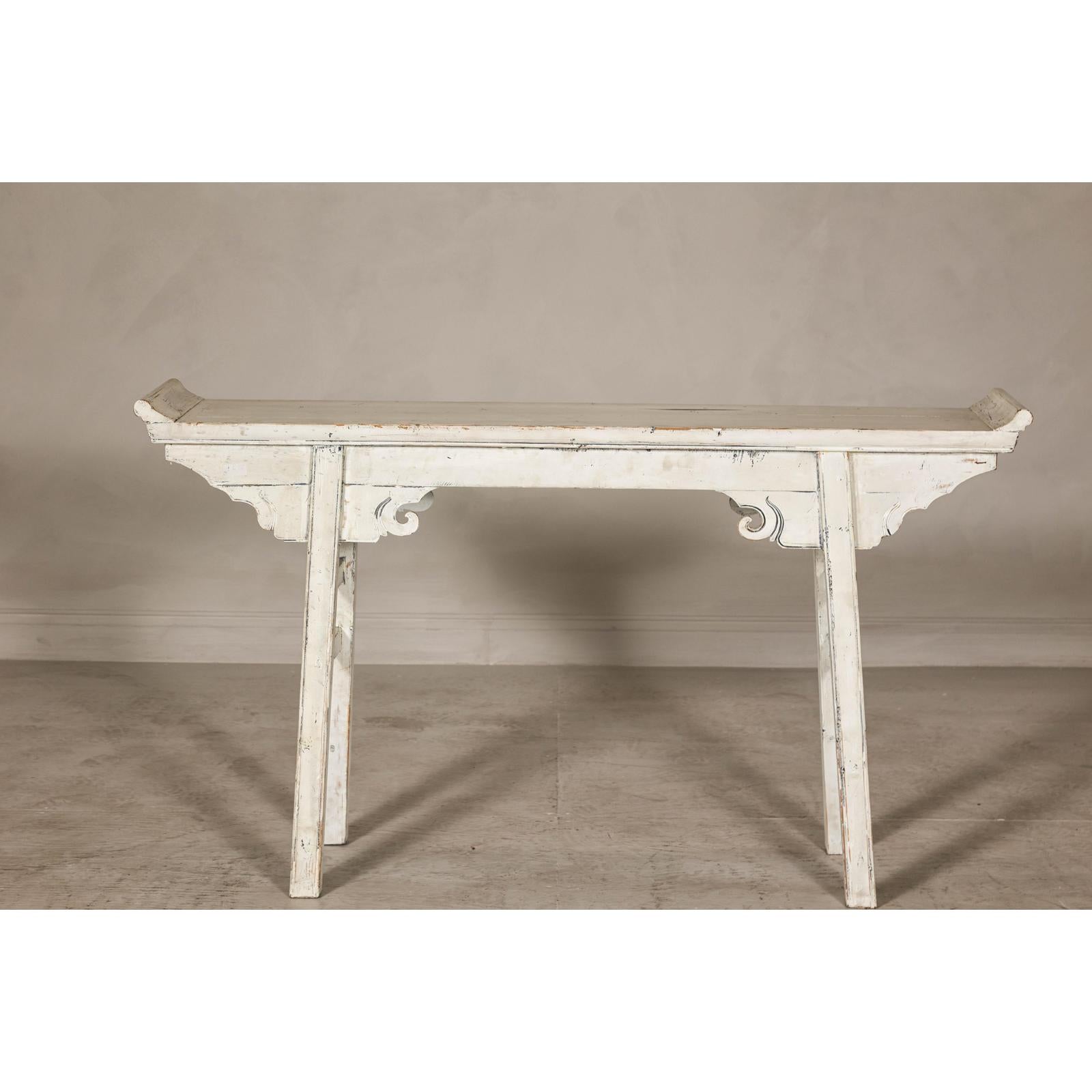 Vintage Antique White Console Table with Weathered Patina and Carved Details