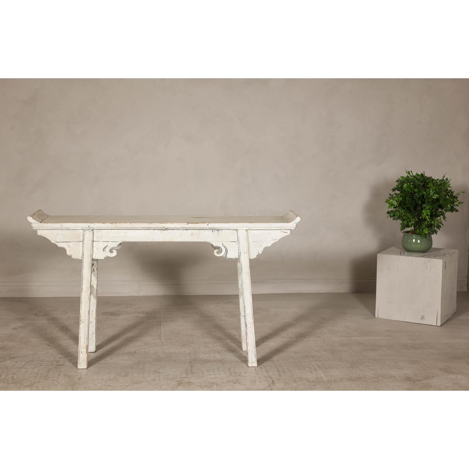 Vintage Antique White Console Table with Weathered Patina and Carved Details