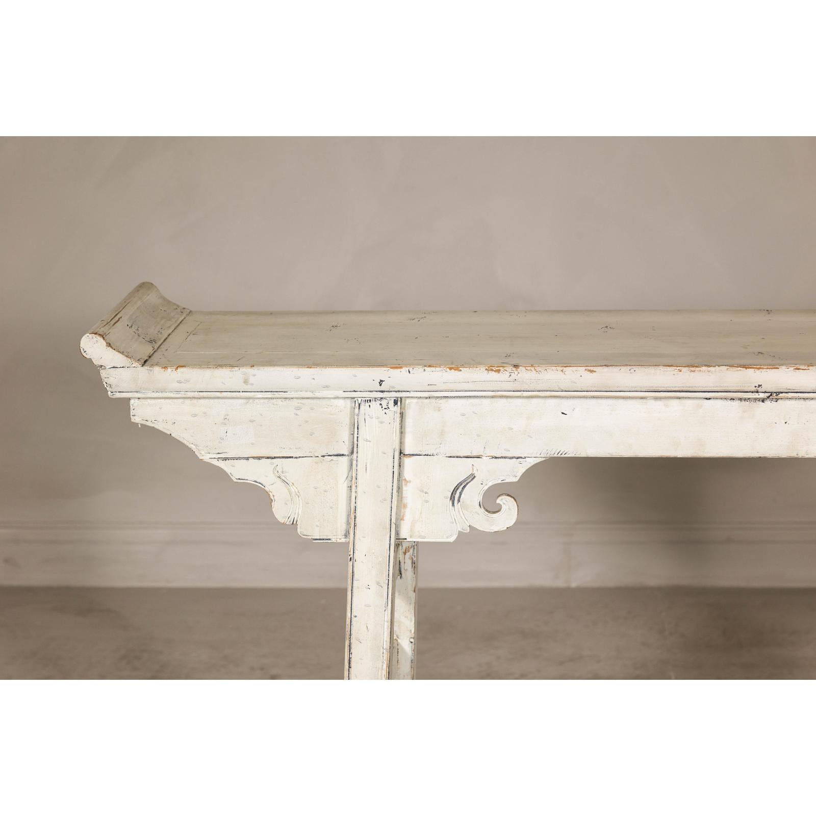 Vintage Antique White Console Table with Weathered Patina and Carved Details