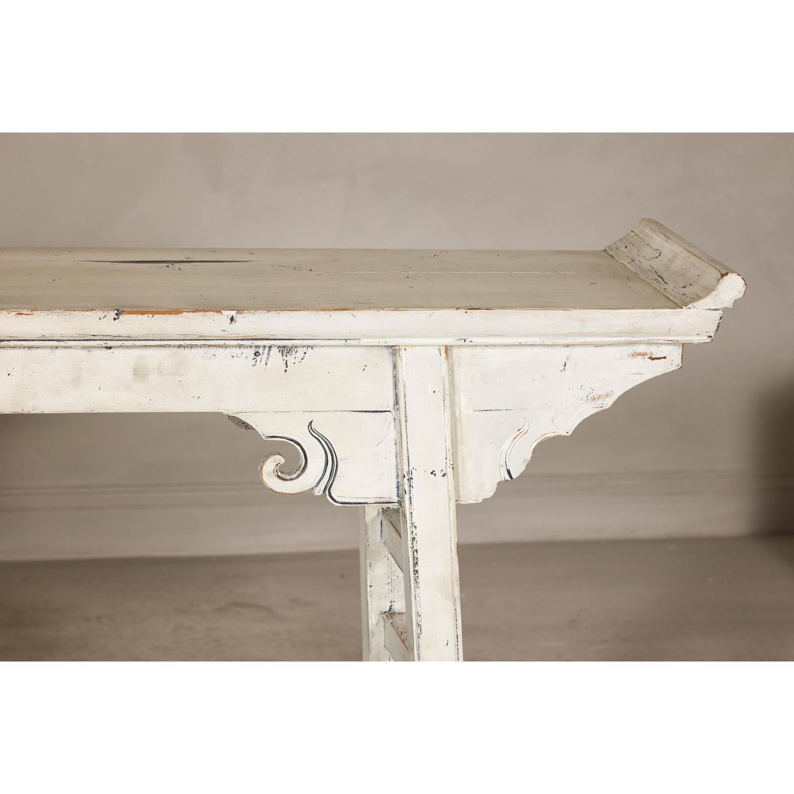Vintage Antique White Console Table with Weathered Patina and Carved Details