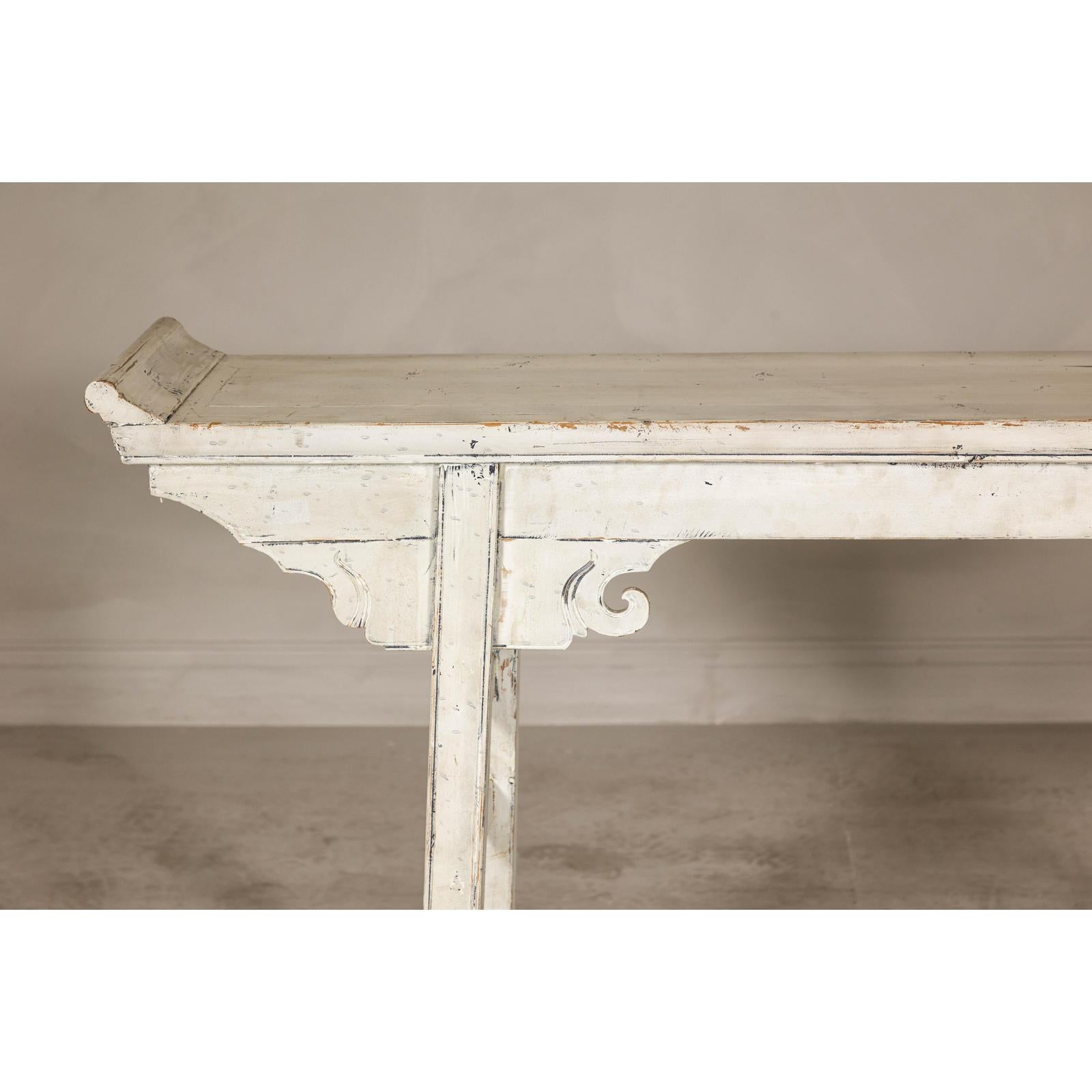 Vintage Antique White Console Table with Weathered Patina and Carved Details